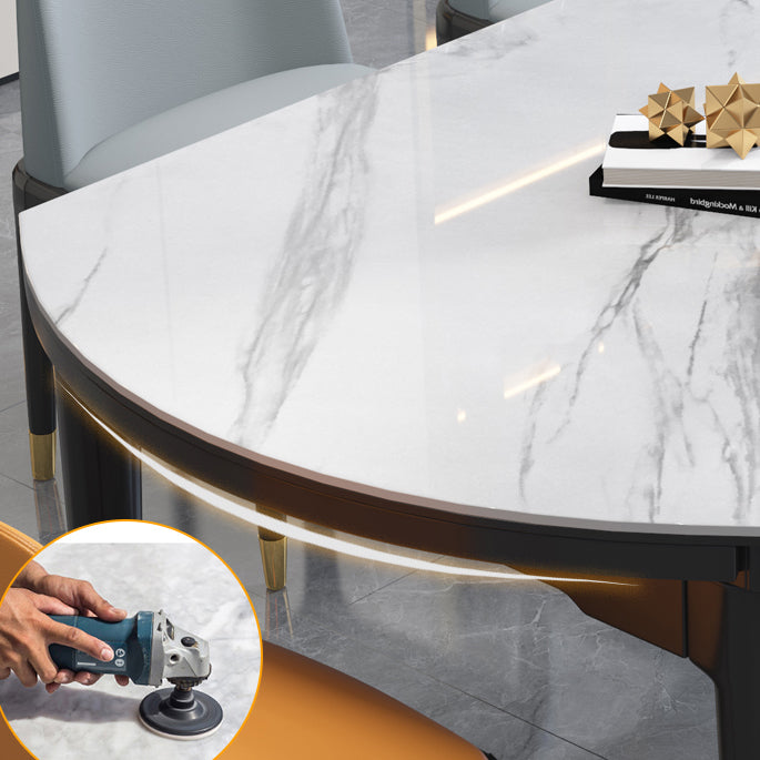 Luxury Round Grey Stone Top Extension Dining Table with 4 Black & Gold Legs