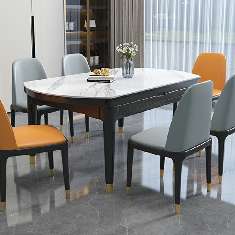 Luxury Round Grey Stone Top Extension Dining Table with 4 Black & Gold Legs