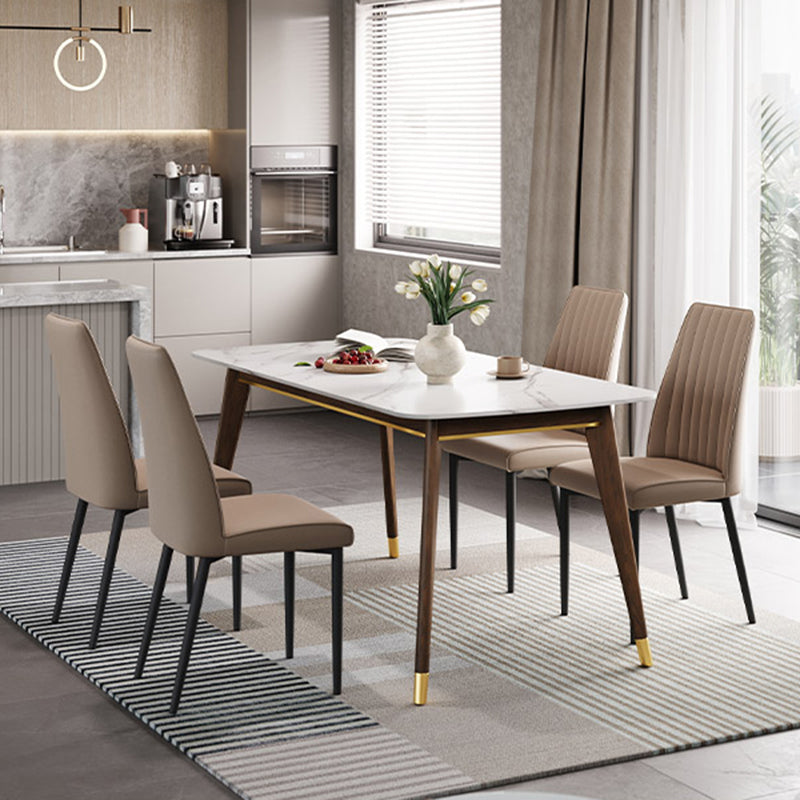 Contemporary Rectangular White Stone Dining Table with 4 Wooden Foot