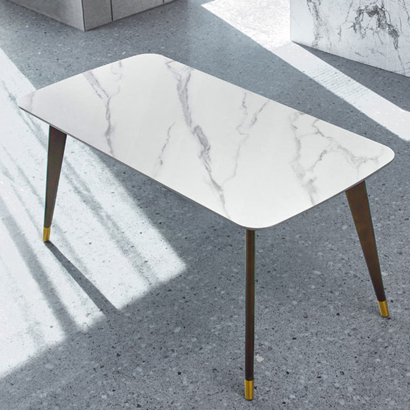 Contemporary Rectangular White Stone Dining Table with 4 Wooden Foot