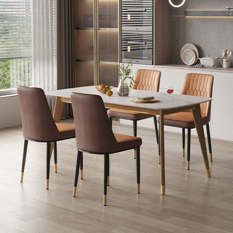 Contemporary Rectangular White Stone Dining Table with 4 Wooden Foot