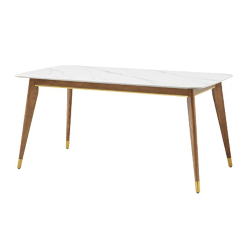 Contemporary Rectangular White Stone Dining Table with 4 Wooden Foot