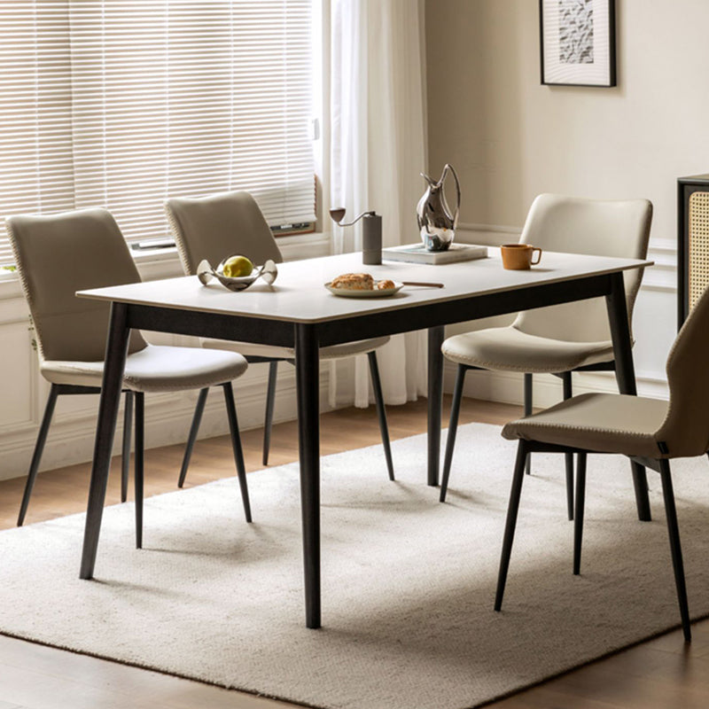 Modern Rectangular Stone White Top Dining Table with 4 Oak Black Legs