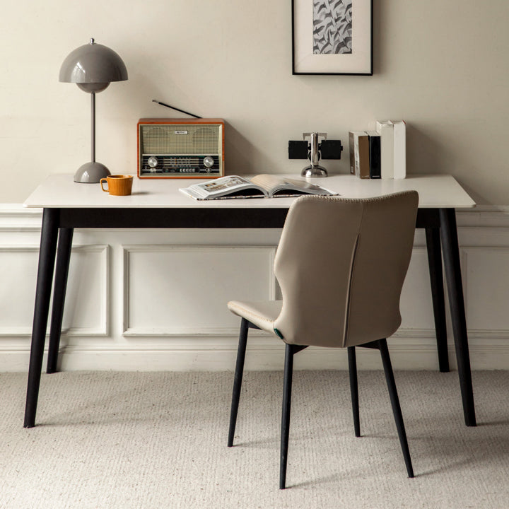 Modern Rectangular Stone White Top Dining Table with 4 Oak Black Legs