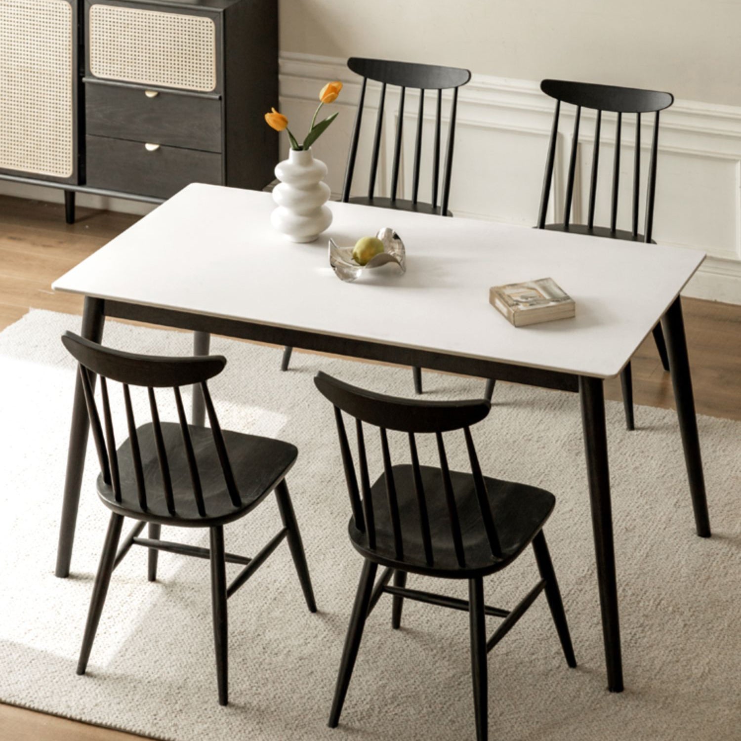 Modern Rectangular Stone White Top Dining Table with 4 Oak Black Legs