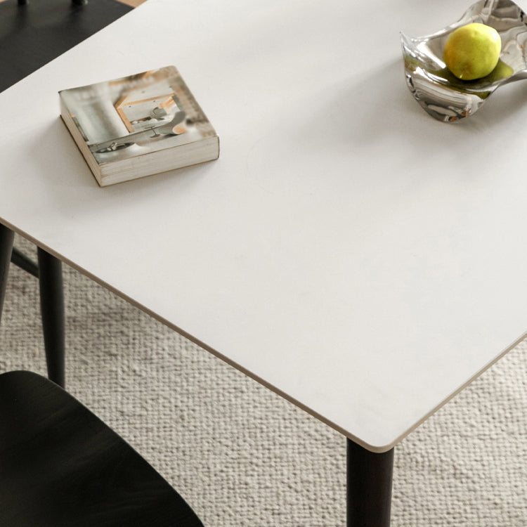 Modern Rectangular Stone White Top Dining Table with 4 Oak Black Legs