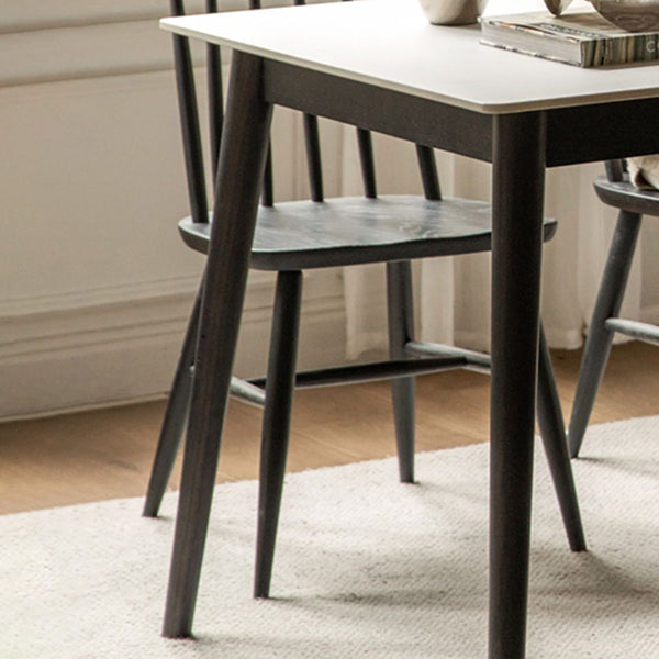 Modern Rectangular Stone White Top Dining Table with 4 Oak Black Legs