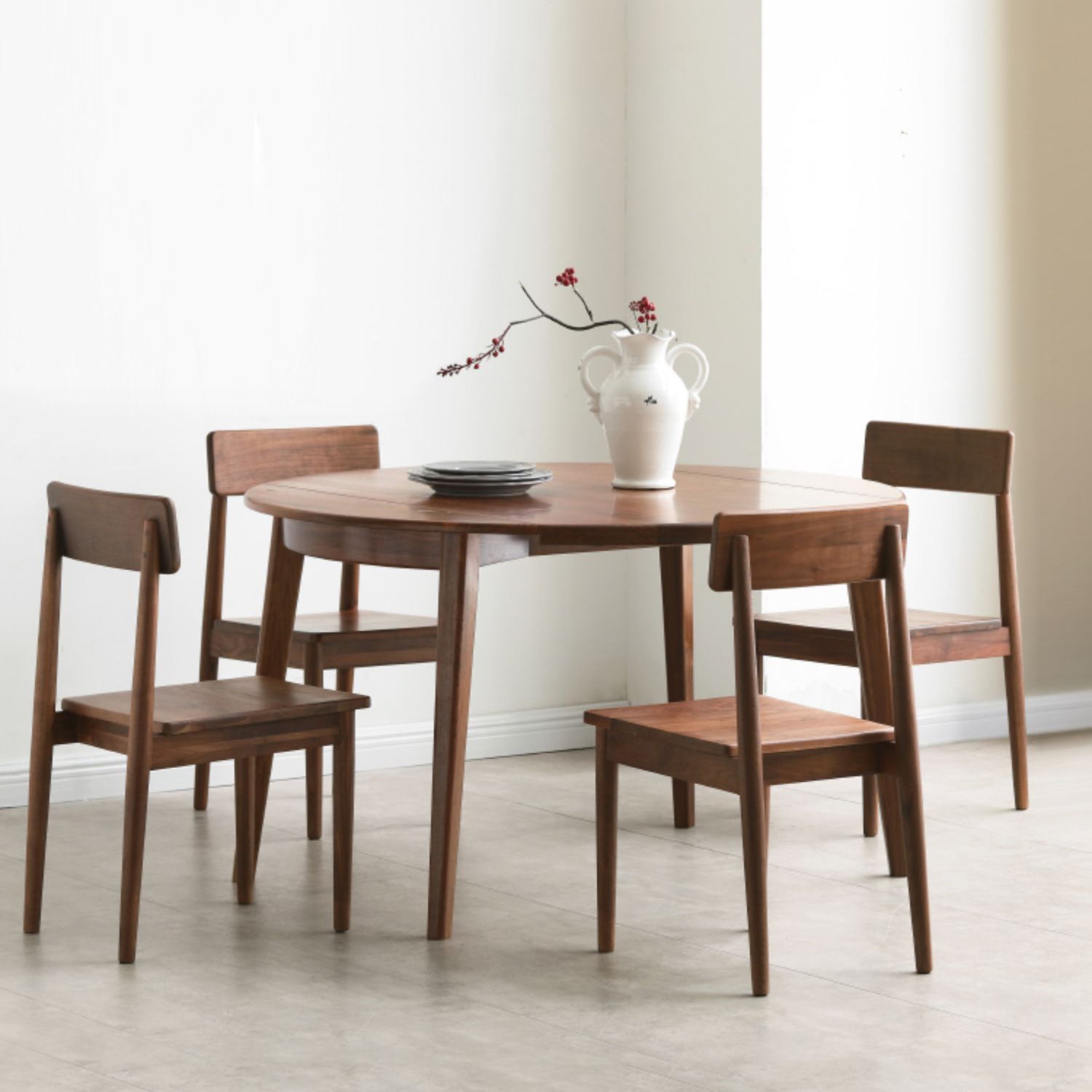 Modern Round Retractable Walnut Top Dining Table with 4 Brown Legs
