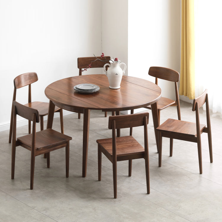 Modern Round Retractable Walnut Top Dining Table with 4 Brown Legs