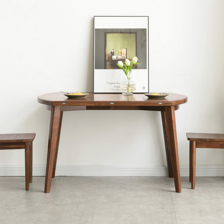 Modern Round Retractable Walnut Top Dining Table with 4 Brown Legs