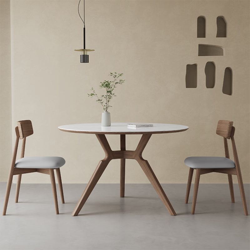 Contemporary Round White Stone Dining Table with Solid Wood Trestle
