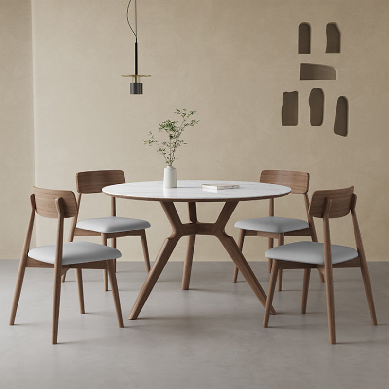 Contemporary Round White Stone Dining Table with Solid Wood Trestle