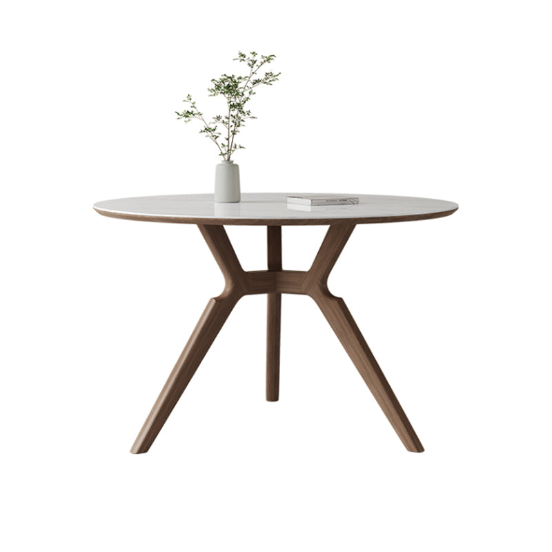 Contemporary Round White Stone Dining Table with Solid Wood Trestle