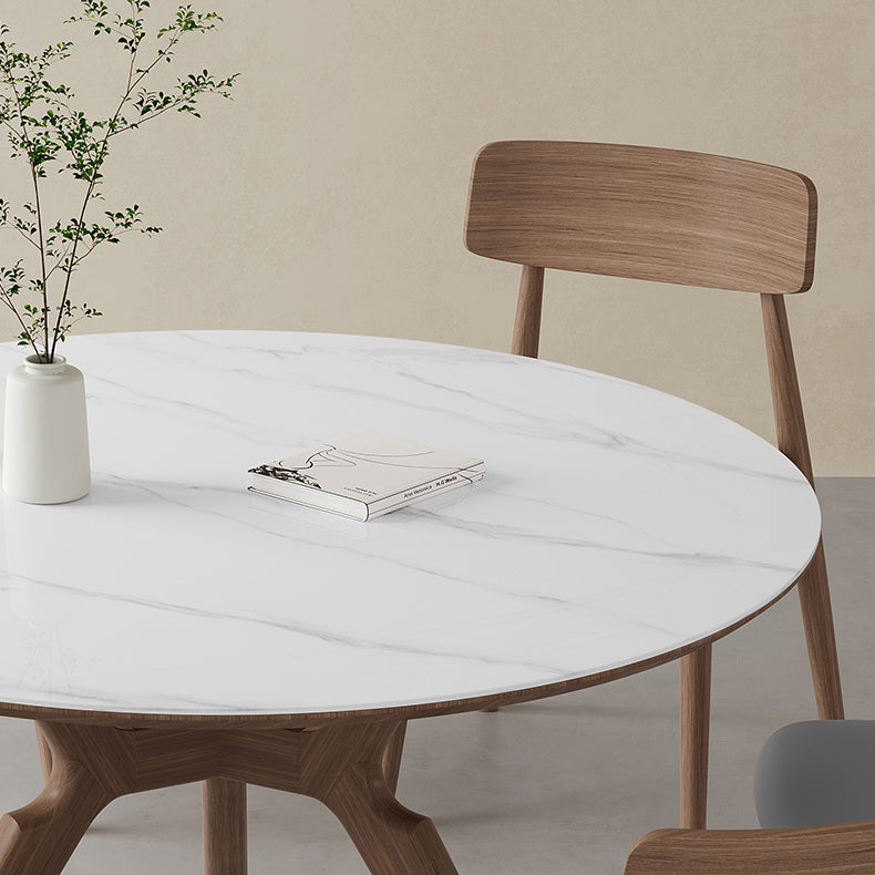 Contemporary Round White Stone Dining Table with Solid Wood Trestle
