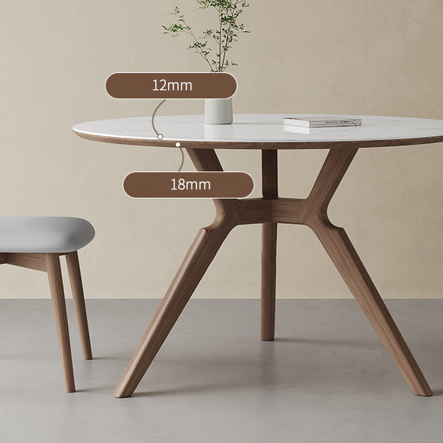 Contemporary Round White Stone Dining Table with Solid Wood Trestle