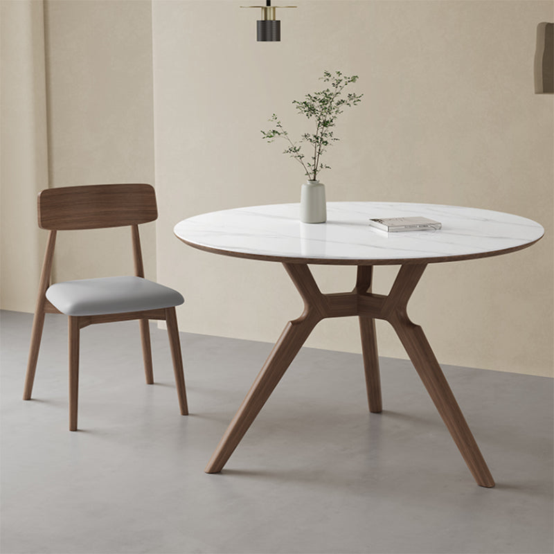 Contemporary Round White Stone Dining Table with Solid Wood Trestle
