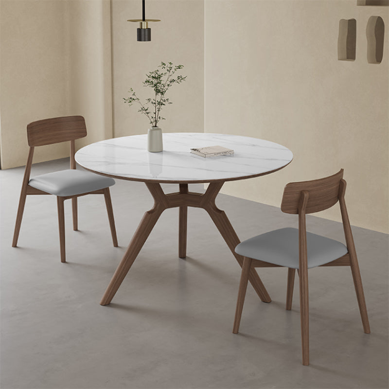 Contemporary Round White Stone Dining Table with Solid Wood Trestle
