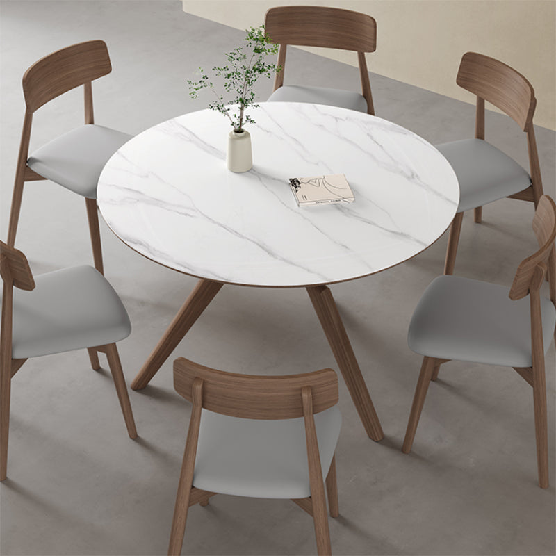Contemporary Round White Stone Dining Table with Solid Wood Trestle