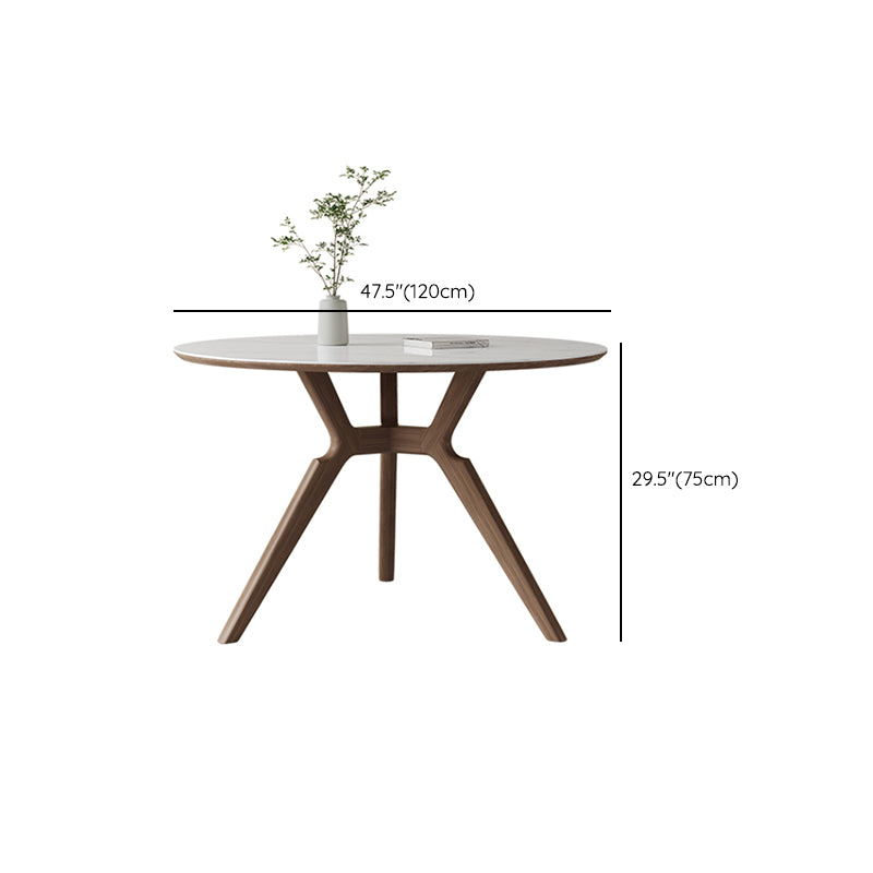 Contemporary Round White Stone Dining Table with Solid Wood Trestle