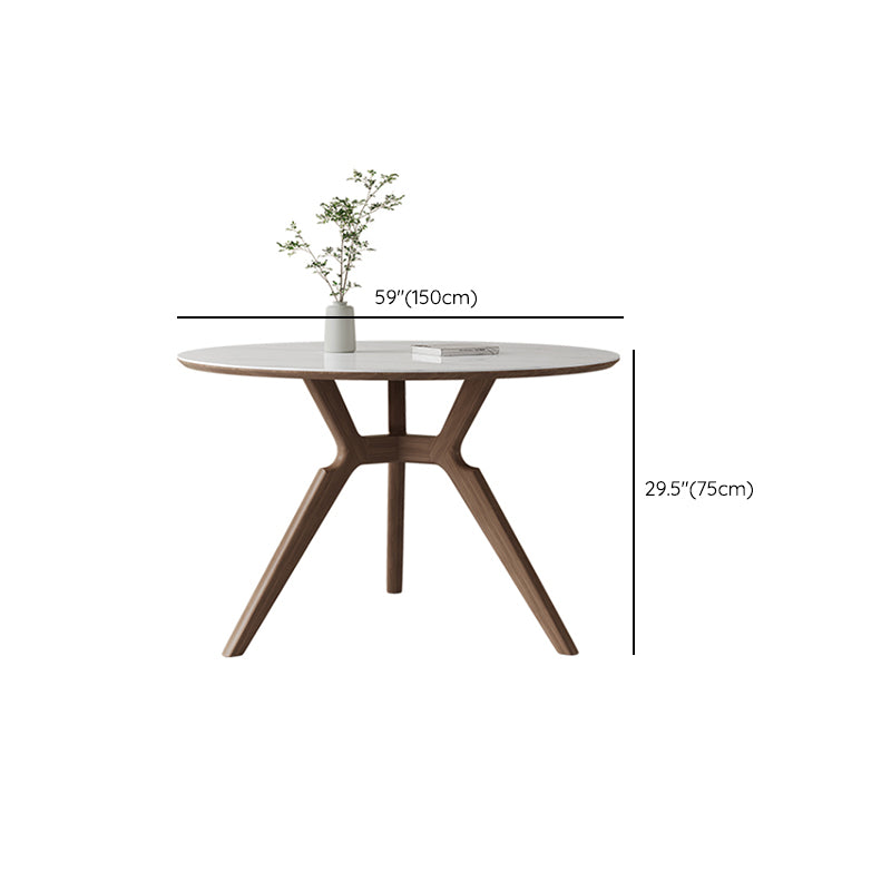 Contemporary Round White Stone Dining Table with Solid Wood Trestle