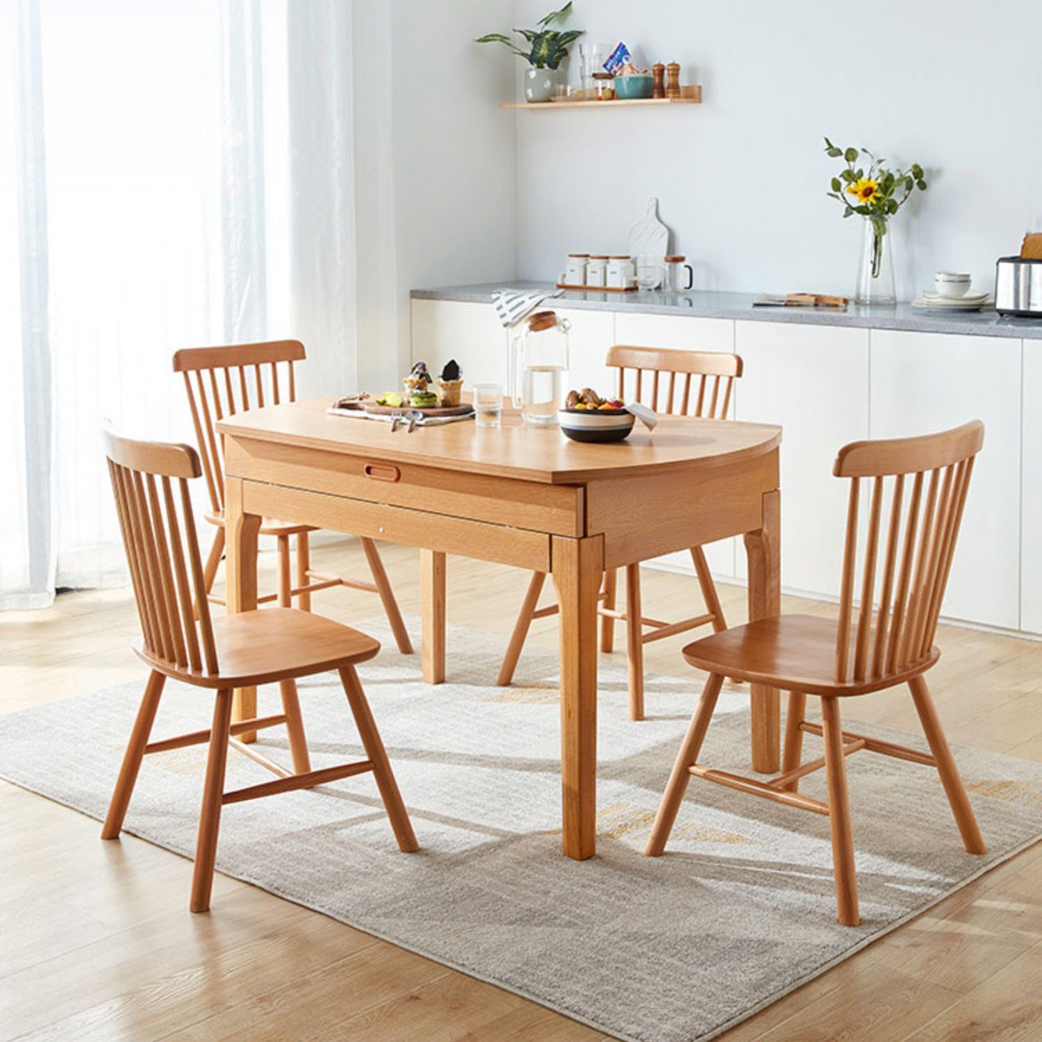 Contemporary Extendable Round Dining Table with Wooden Drop Leaf