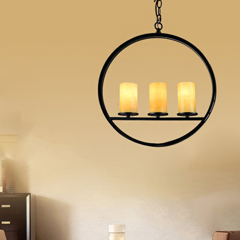 Black 3 Heads Suspension Light Vintage Metal Ring Chandelier Lamp Fixture with Cylinder Yellow Dolomite Shade