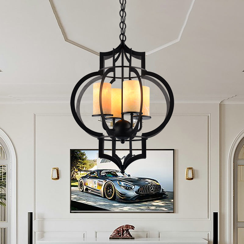 4 Lights Lantern Frame Pendant Lamp Countryside Black Finish Metallic Chandelier Lighting