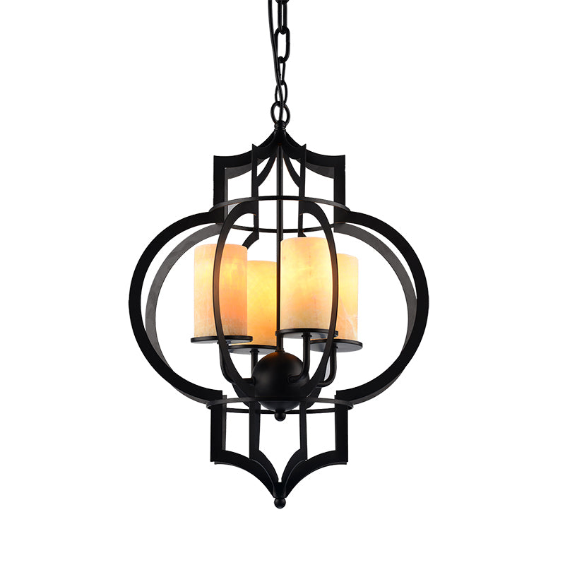 4 Lights Lantern Frame Pendant Lamp Countryside Black Finish Metallic Chandelier Lighting
