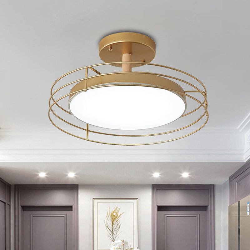 Round Semi Flush Mount Lighting Nordic Iron Black/White/Gold LED Ceiling Fixture with Wire Cage
