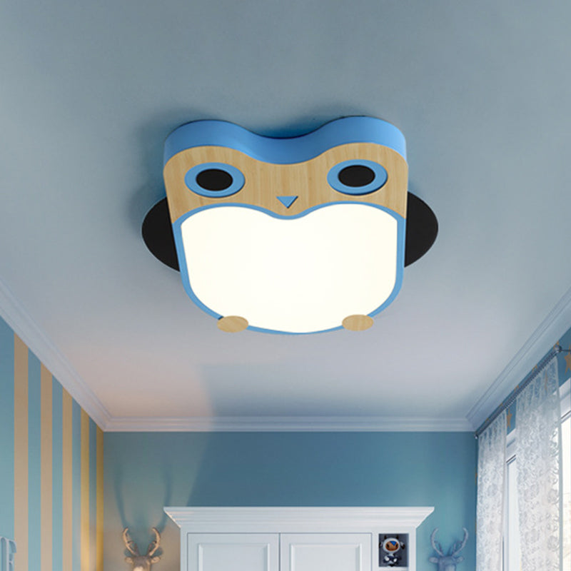 Eule dünne Eisen Deckenleuchte Cartoon Weiß/Rosa/Blau und Holz LED Flush Mount Lampe für Kinderzimmer