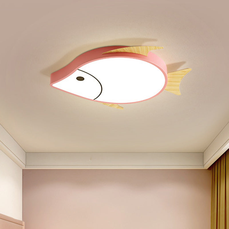 Cartoon Fish Flush Mount Lighting Acrylic Nursery School LED Ceiling Lamp in White/Pink/Blue and Wood