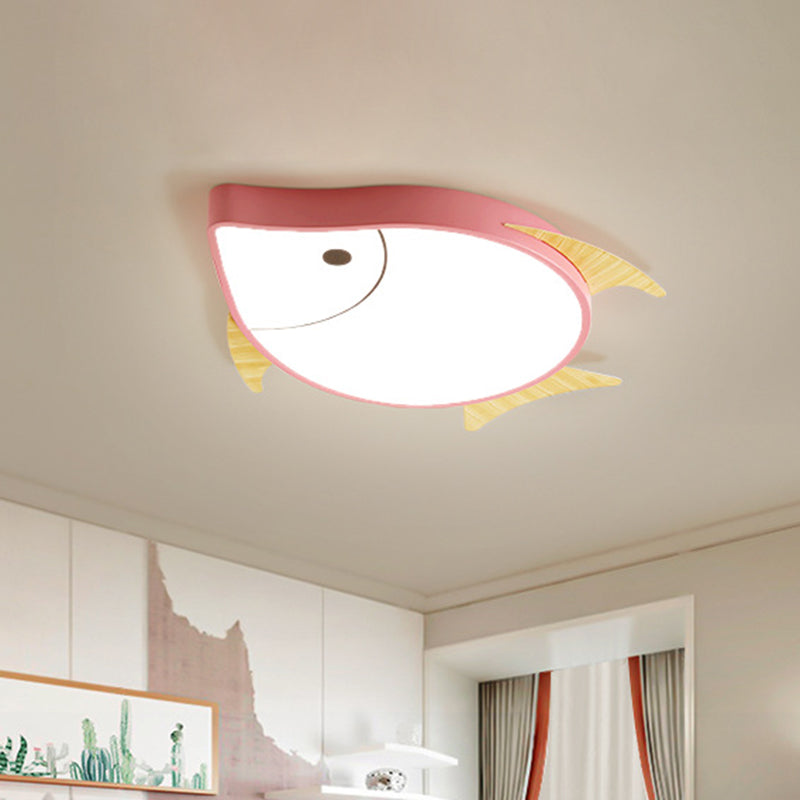 Cartoon Fish Flush Mount Lighting Acrylic Nursery School LED Ceiling Lamp in White/Pink/Blue and Wood
