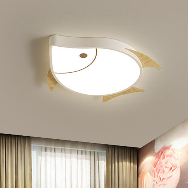 Cartoon Fish Flush Mount Lighting Acrylic Nursery School LED Ceiling Lamp in White/Pink/Blue and Wood