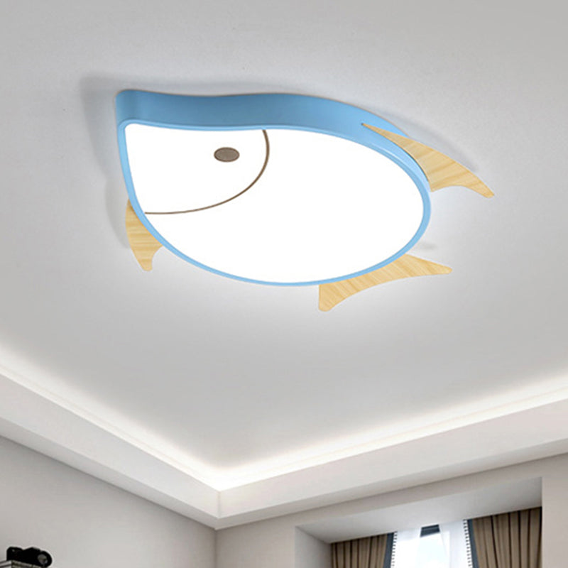Cartoon Fish Flush Mount Lighting Acrylic Nursery School LED Ceiling Lamp in White/Pink/Blue and Wood