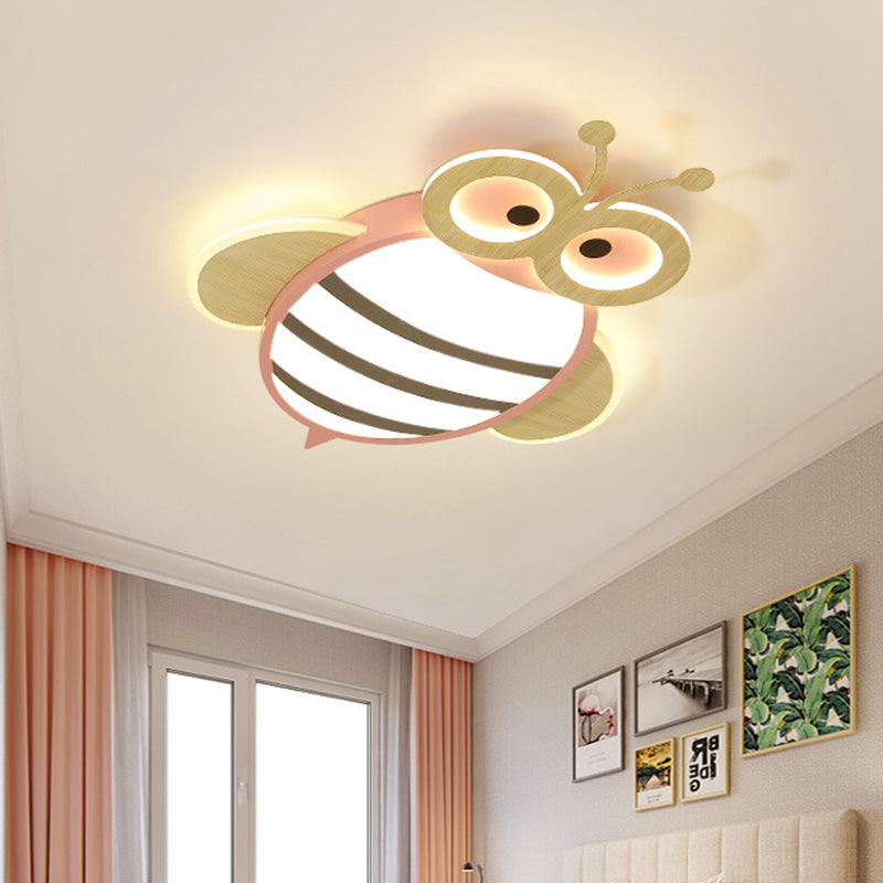 White/Pink/Blue Honeybee Flush Mount Cartoon Iron LED Ceiling Light Fixture for Kids Bedroom