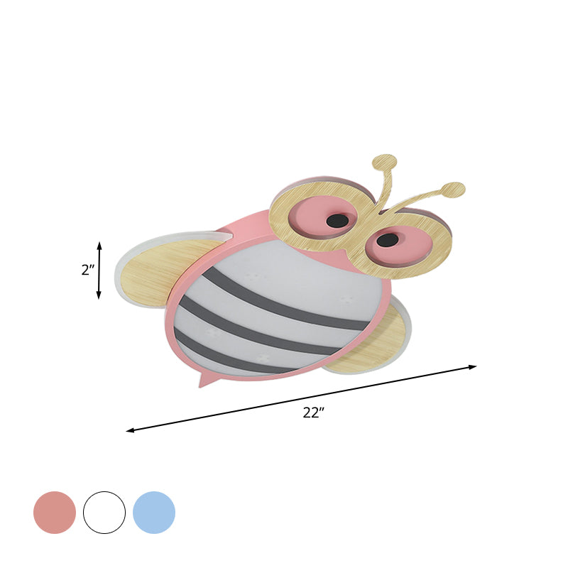 White/Pink/Blue Honeybee Flush Mount Cartoon Iron LED Ceiling Light Fixture for Kids Bedroom