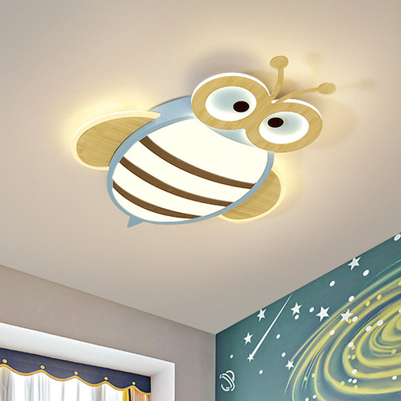 White/Pink/Blue Honeybee Flush Mount Cartoon Iron LED Ceiling Light Fixture for Kids Bedroom