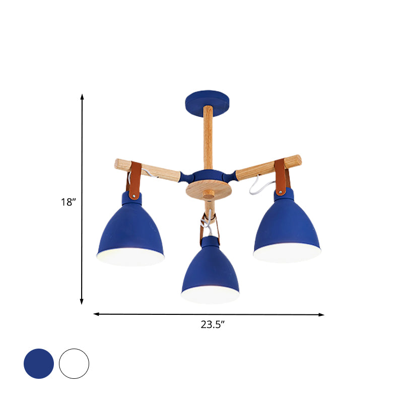 Macaron Bursting Wood Chandelier 3/6/8 Heads Ceiling Hanging Light in White/Blue with Bowl Shade and Leather Strap
