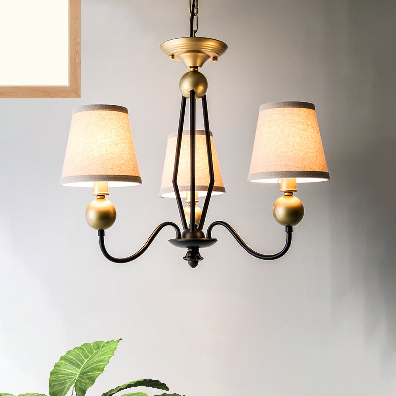 Rural Curvy Arm Hanging Pendant Light 3/6-Head Fabric Chandelier in Black with Cone Fabric Shade