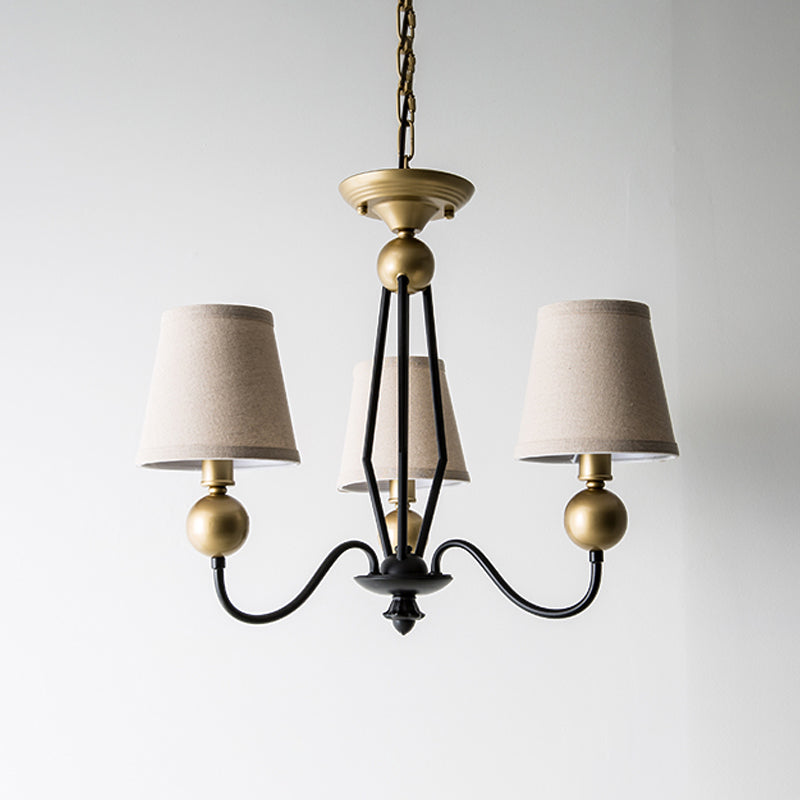 Rural Curvy Arm Hanging Pendant Light 3/6-Head Fabric Chandelier in Black with Cone Fabric Shade