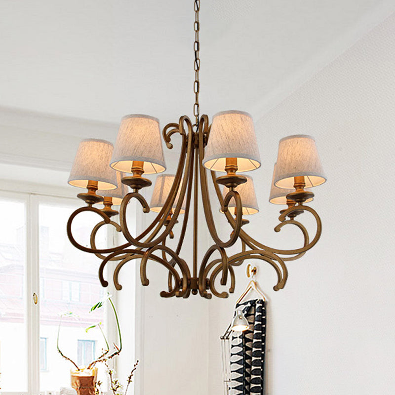 Fabric Brass Chandelier Pendant Light Conic 3/6-Light Country Ceiling Suspension Lamp with Swooping Arm