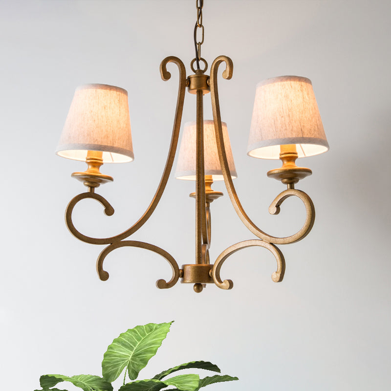 Fabric Brass Chandelier Pendant Light Conic 3/6-Light Country Ceiling Suspension Lamp with Swooping Arm