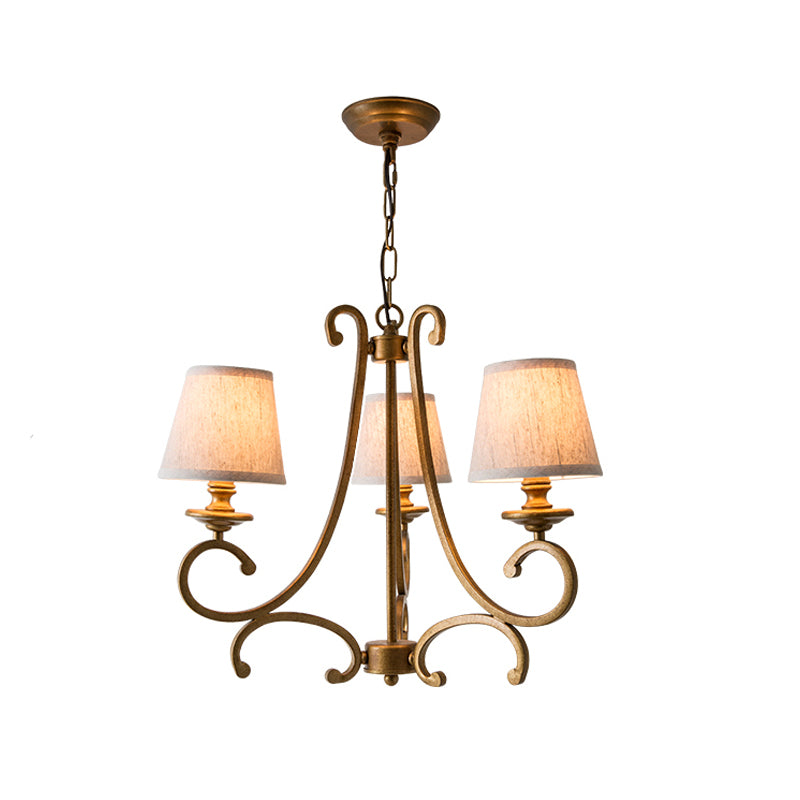 Fabric Brass Chandelier Pendant Light Conic 3/6-Light Country Ceiling Suspension Lamp with Swooping Arm