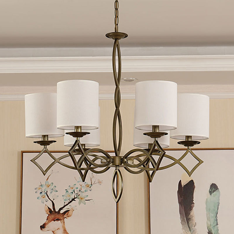 Lampe à lustre à 6 légers de style rural de style rural tambour tissu luminaire pendentif en blanc / beige / vert avec bras torsadé métallique