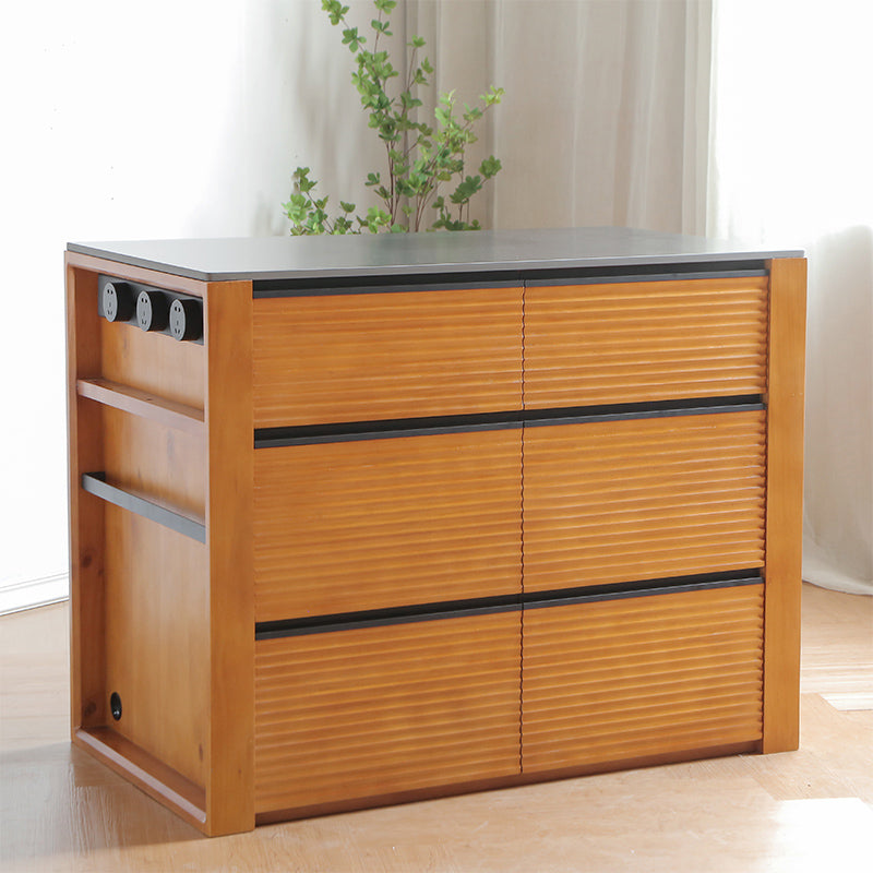 Black Stone Modern Kitchen Island Table with Solid Wood Base and Drawers