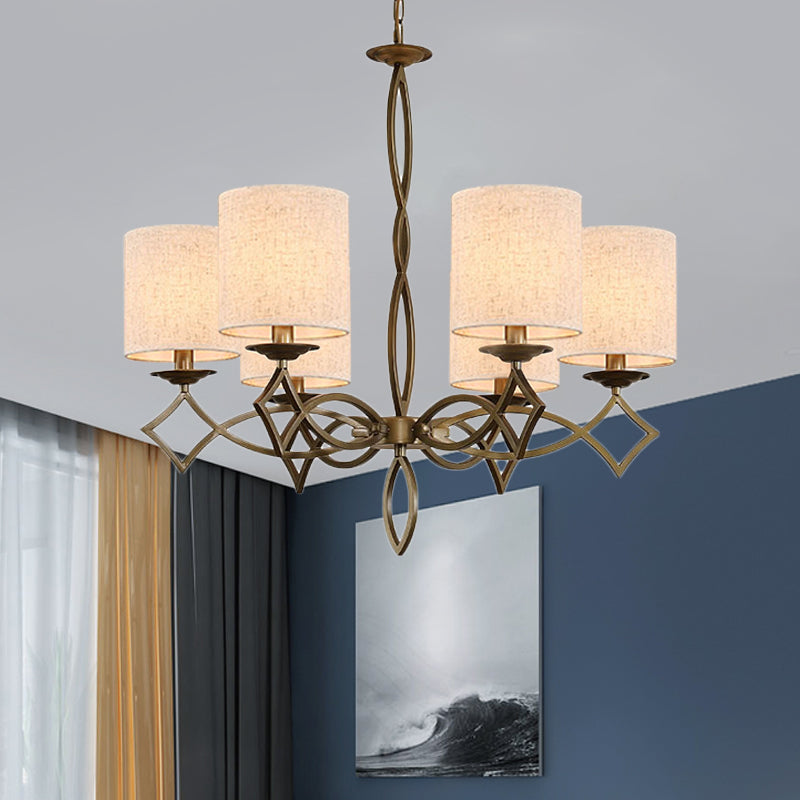 Lampe à lustre à 6 légers de style rural de style rural tambour tissu luminaire pendentif en blanc / beige / vert avec bras torsadé métallique