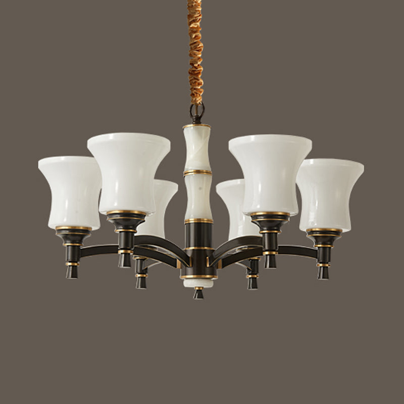 6/8 Luci appesi lampada da lampada retrò lampada lampadario con tonalità di vetro bianco a campana in nero