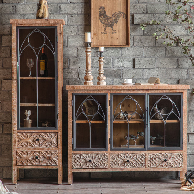 Wooden Traditional Curio Cabinet Glass Doors Display Stand with Drawers