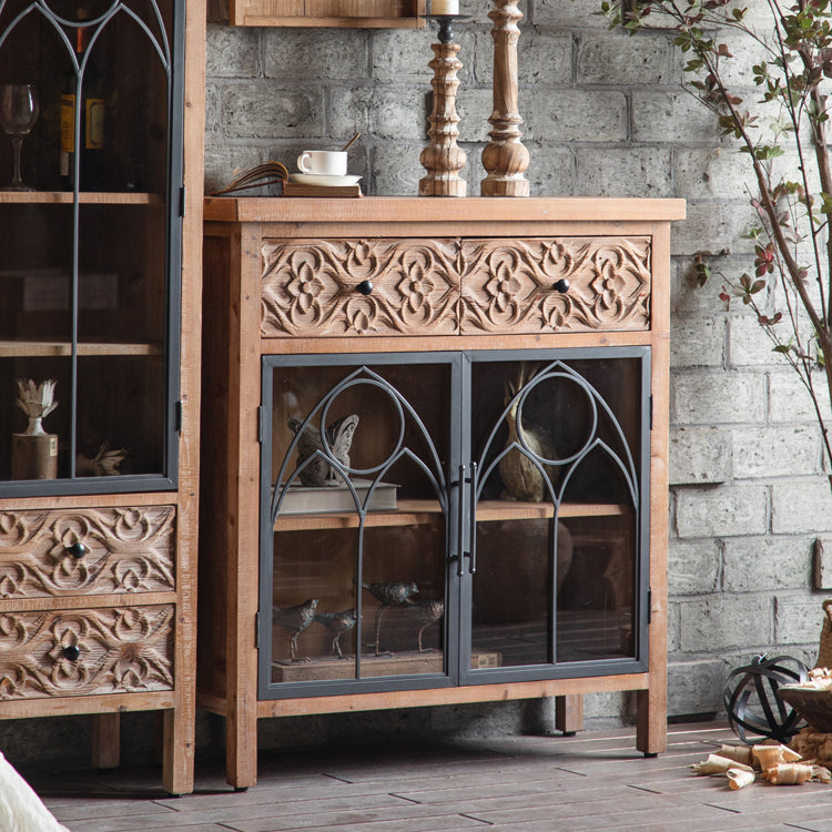 Wooden Traditional Curio Cabinet Glass Doors Display Stand with Drawers