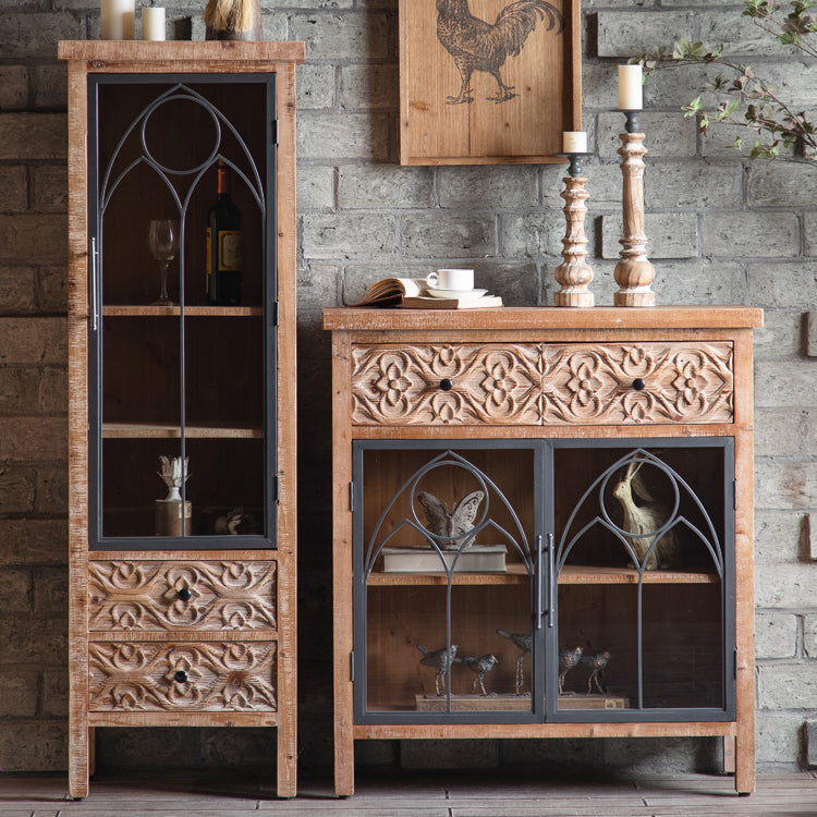 Wooden Traditional Curio Cabinet Glass Doors Display Stand with Drawers